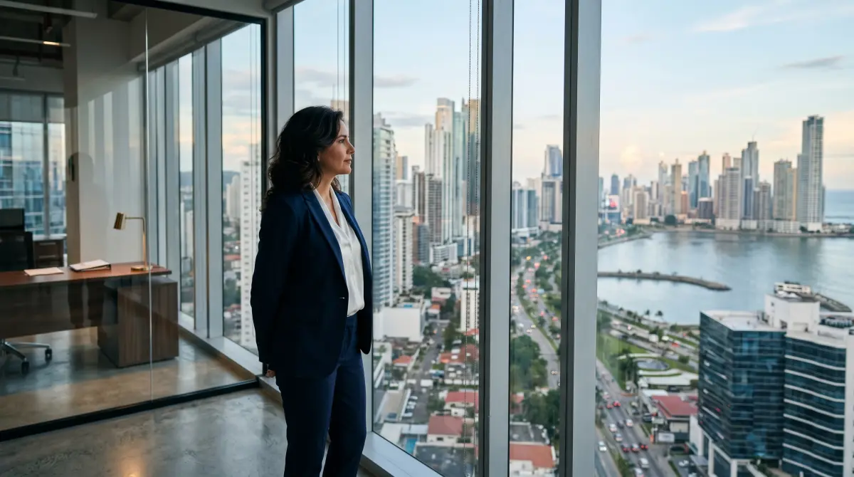 Líder empresarial mirando hacia el horizonte de la ciudad desde la oficina